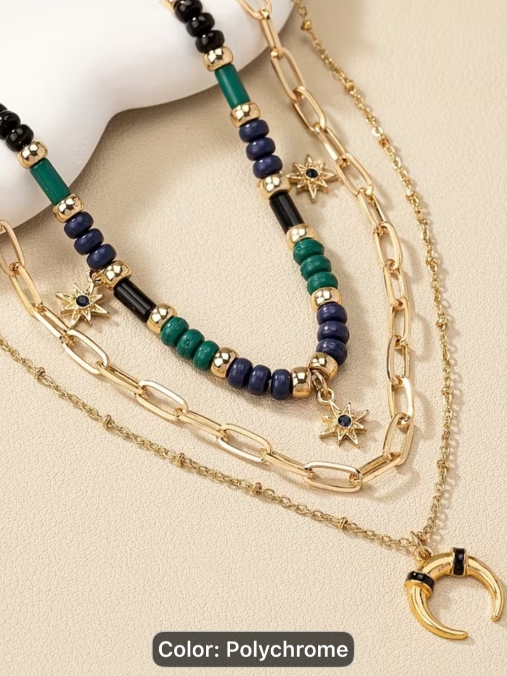 New boutique Gold tone Multi-Strand Beaded Crescent Pendant Necklace Polychrome